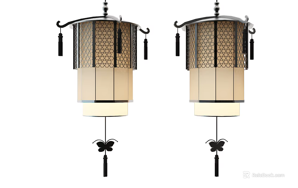 Two Elegant Traditional Pendant Lights with Mesh Shade Black Frame and Butterfly Tassel Decorations 3d model 