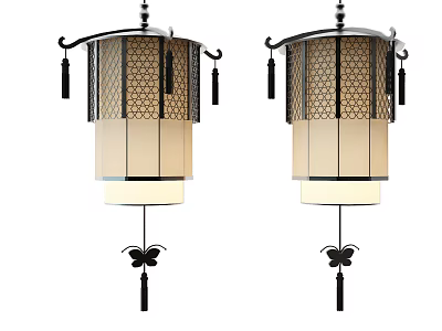Two Elegant Traditional Pendant Lights with Mesh Shade Black Frame and Butterfly Tassel Decorations 3d model