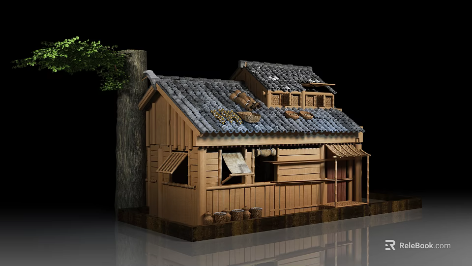 Ancient Traditional Architecture Model With Wooden Structure Tile Roof And Tree Element 3d model 