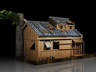 Ancient Traditional Architecture Model With Wooden Structure Tile Roof And Tree Element 3d model