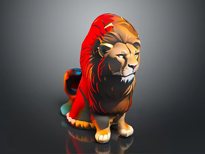 Vibrant Colored Lion In Sitting Posture With Red Orange Mane And Artistic Design 3d model