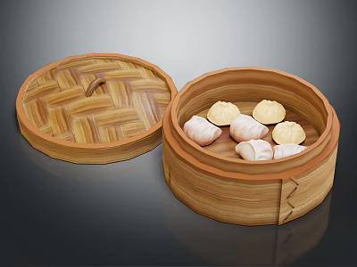 Open Bamboo Steamer With Freshly Steamed Traditional Buns Inside 3d model