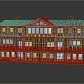 Cartoon Style Wooden House Scene With Green Roof Multi Story Balconies And Chimneys