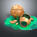Grass Covered Scene With Intact Pottery Jar Broken Shards And Green Elements 3d model