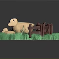 Miniature Farm Scene With Green Grass Wooden Fence Sheep And Small White Flowers