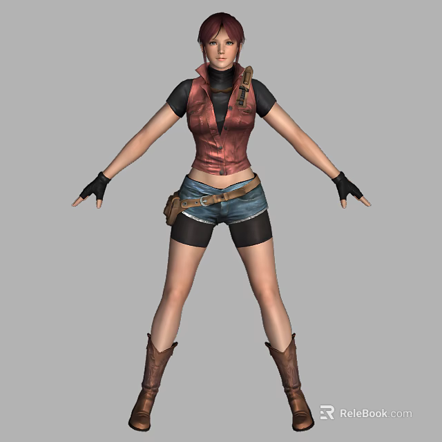 Woman In Red Leather Vest Denim Shorts Brown Boots Standing With Arms Outstretched 3d model 