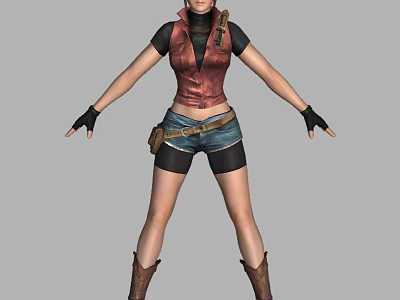 Woman In Red Leather Vest Denim Shorts Brown Boots Standing With Arms Outstretched 3d model