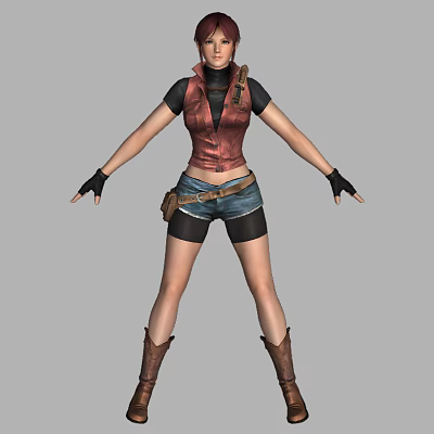 Woman In Red Leather Vest Denim Shorts Brown Boots Standing With Arms Outstretched 3d model