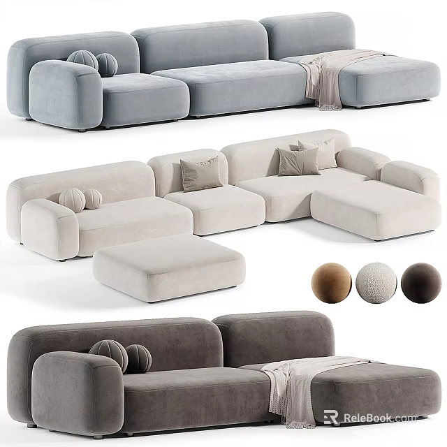Contemporary Velvet Sectional Sofa In Light Grey Beige Dark Grey With Pillows And Ottoman 3d model 