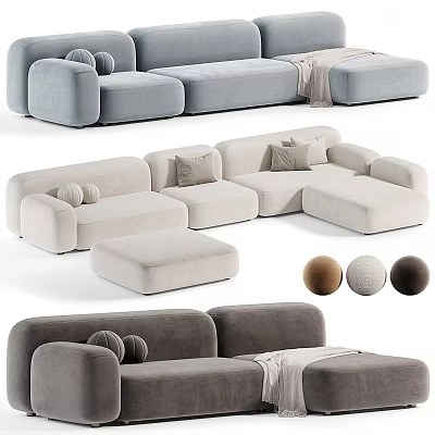 Contemporary Velvet Sectional Sofa In Light Grey Beige Dark Grey With Pillows And Ottoman 3d model