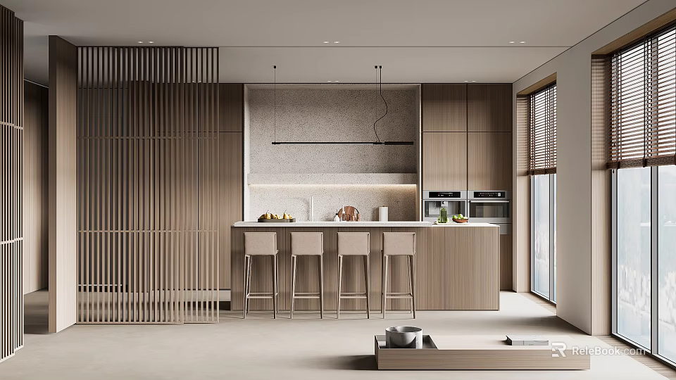 Modern Kitchen Interior With Wooden Cabinets Stone Island Counter And Bar Stools 3d model 