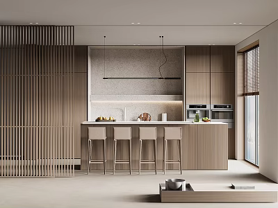 Modern Kitchen Interior With Wooden Cabinets Stone Island Counter And Bar Stools 3d model