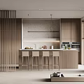 Modern Kitchen Interior With Wooden Cabinets Stone Island Counter And Bar Stools