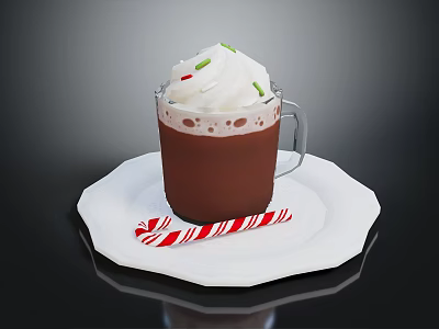 Rich Hot Chocolate With Whipped Cream Green White Sprinkles And Candy Cane On White Plate 3d model