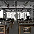 School Classroom Interior With Wooden Tables Chairs Decorative Ceiling And Windows