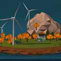 Low Poly Modern Scene With Wind Turbines Orange Trees Small House Water And Polygonal Mountain
