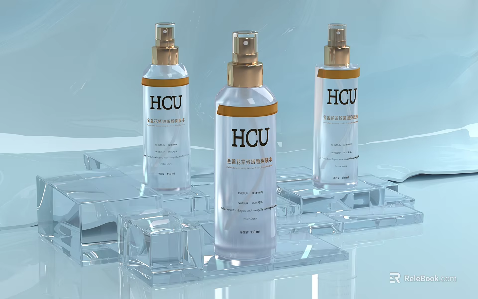 HCU Nourishing Repair Essence Transparent Spray Bottles on Clear Acrylic 3d model 