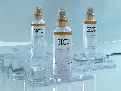 HCU Nourishing Repair Essence Transparent Spray Bottles on Clear Acrylic 3d model