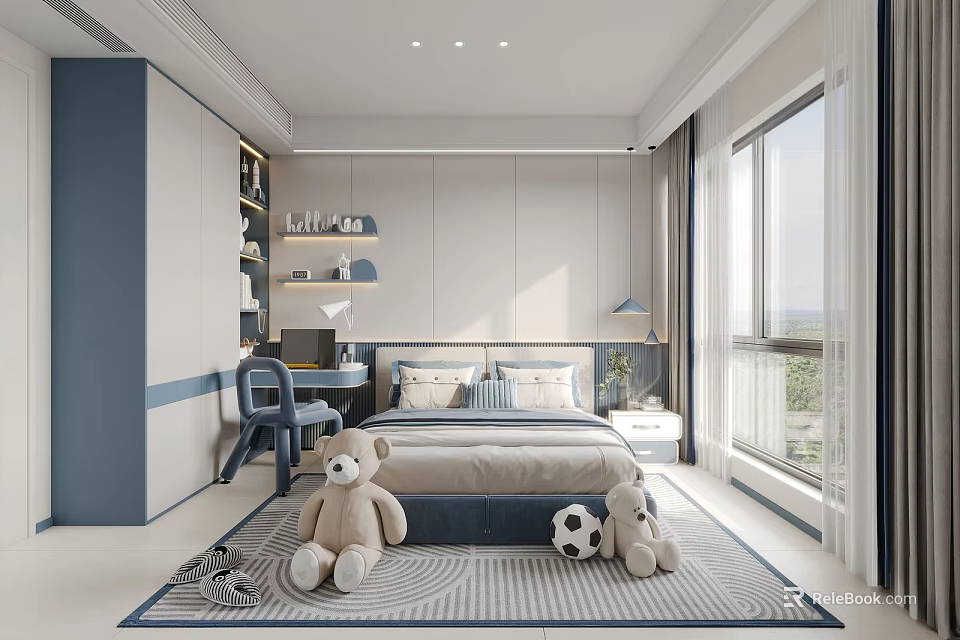 Modern Kids Room With Bed Desk Chair Shelf Stuffed Toys Soccer Ball And Natural Light 3d model 