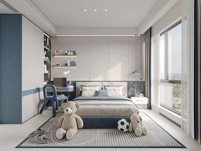 Modern Kids Room With Bed Desk Chair Shelf Stuffed Toys Soccer Ball And Natural Light 3d model