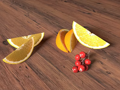 Stylish Table And Chair Set With Orange Slices And Red Berries On Wooden Floor 3d model