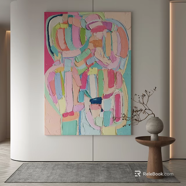 Colorful Abstract Painting Hanging On White Wall With Wooden Table Vase And Dried Branches 3d model 