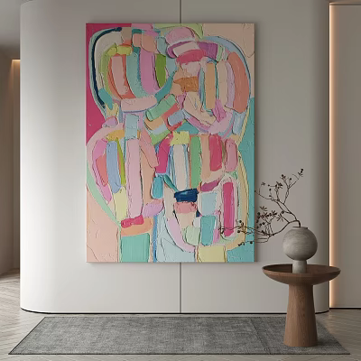 Colorful Abstract Painting Hanging On White Wall With Wooden Table Vase And Dried Branches 3d model