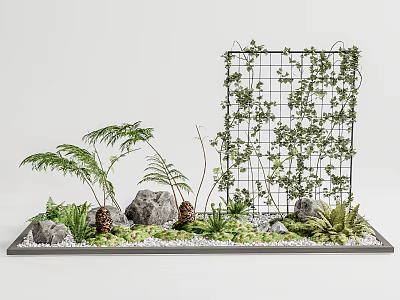 Serene Courtyard Garden With Iron Grid Climbing Vines Palm Plants Stones Succulents And Gravel 3d model