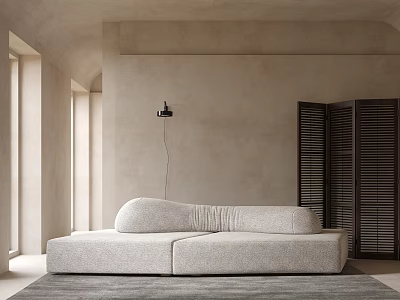 Beige Sectional Sofa In Room With Beige Walls Natural Light Slatted Doors And Gray Rug 3d model