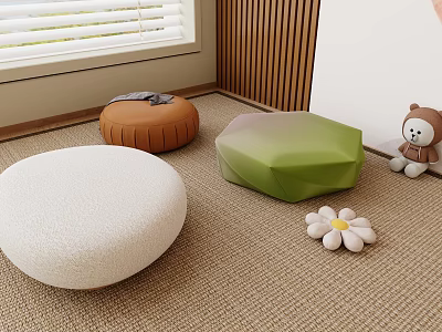Multishaped Footstools In Living Room With Cozy Carpet And Decor 3d model