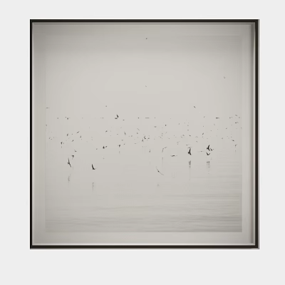 Black and White Animal Painting of Birds on Water Surface with Reflections and Framed Border 3d model