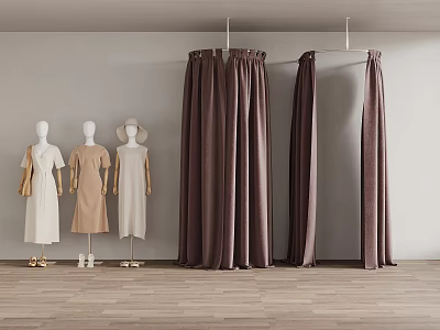 Fashion Mannequins In Dresses With Brown Curtains Gray Wall And Wooden Floor 3d model