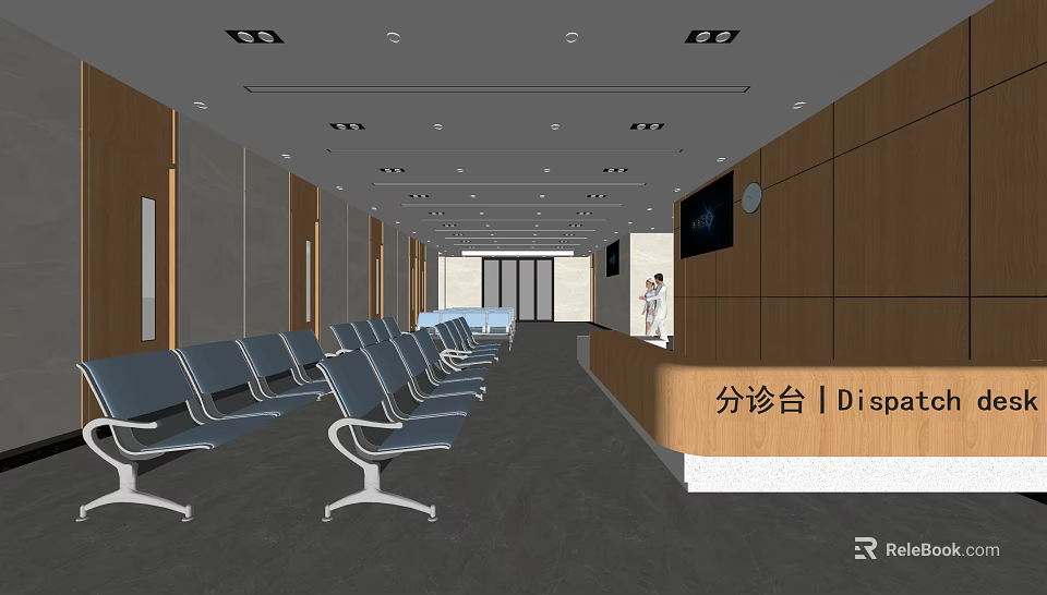 Modern Medical Waiting Area With Blue Chairs Dispensary Counter TV And Clock 3d model 