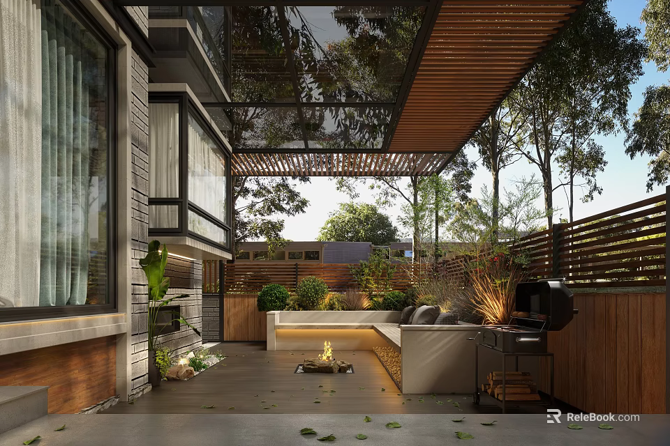 Relaxing Patio Garden Area With Wooden Pergola Sofa Fire Pit Grill And Lush Green Plants 3d model 