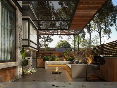 Relaxing Patio Garden Area With Wooden Pergola Sofa Fire Pit Grill And Lush Green Plants 3d model