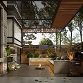 Relaxing Patio Garden Area With Wooden Pergola Sofa Fire Pit Grill And Lush Green Plants