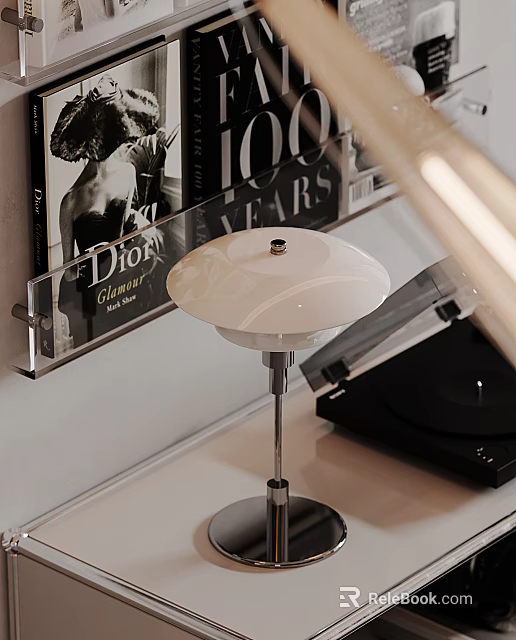 Modern White Lampshade Table Lamp With Metal Base And Vinyl Turntable Near Fashion Magazines 3d model 