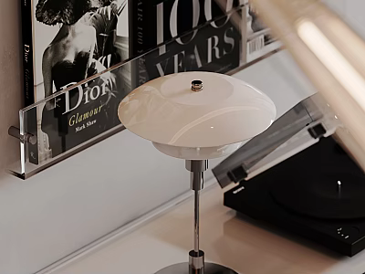 Modern White Lampshade Table Lamp With Metal Base And Vinyl Turntable Near Fashion Magazines 3d model