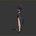 Anime Style Game Character In Black Patterned Qipao With Twin Tails And Gun