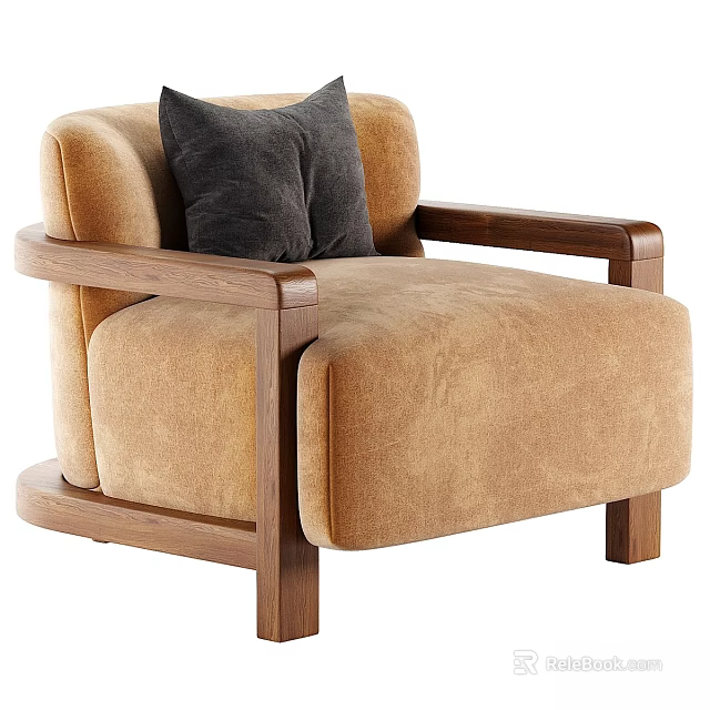 Cozy Brown Fabric Accent Chair With Wooden Arms And Dark Throw Pillow 3d model 