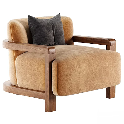 Cozy Brown Fabric Accent Chair With Wooden Arms And Dark Throw Pillow 3d model