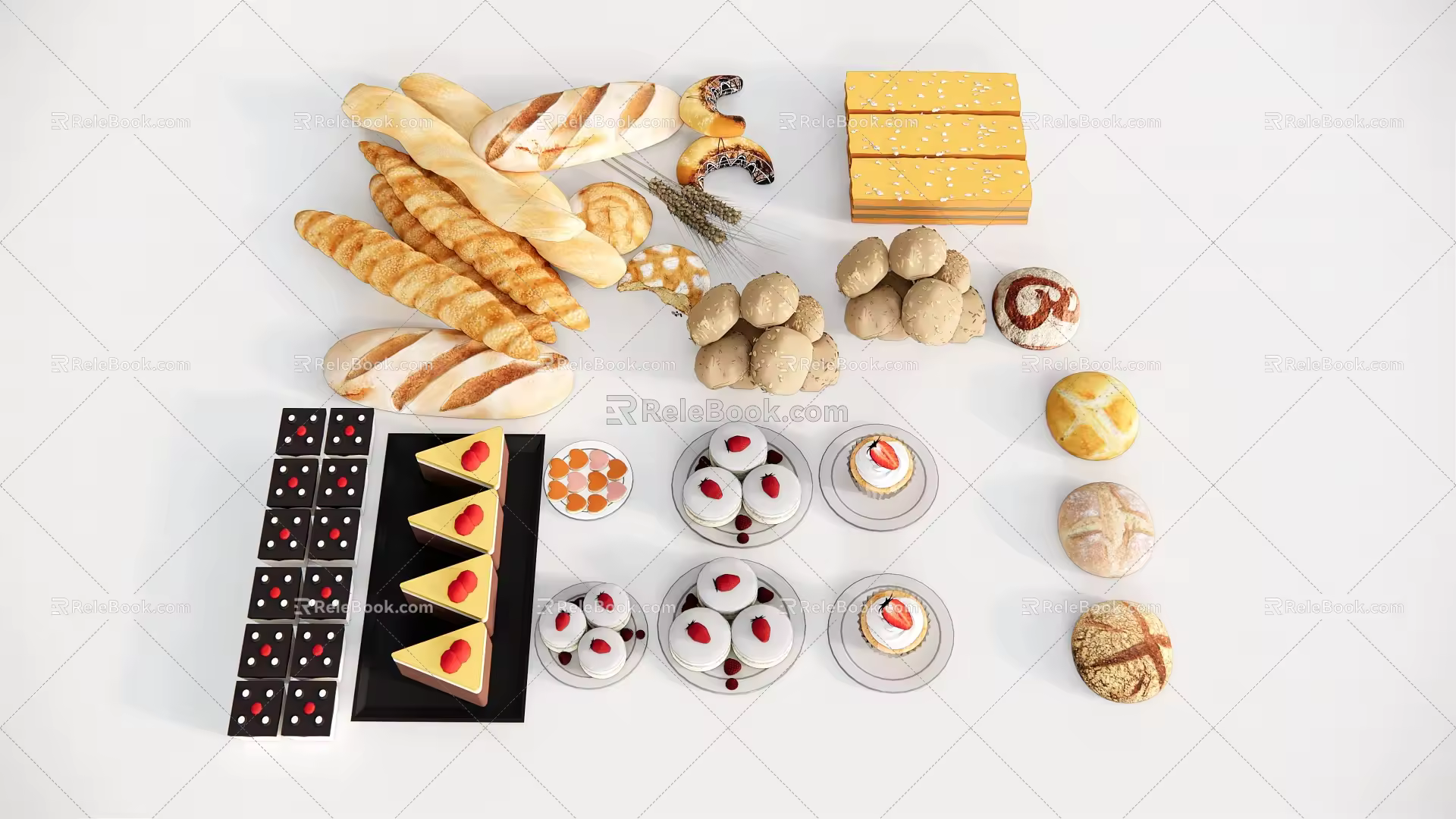 modern food food drink cake bread baguette puff ice cream strawberry 3d model