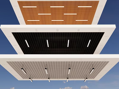 Modern Ceiling Design Options Featuring Wooden Stripes Black Squares Grid And Lighting Fixtures 3d model