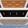 Modern Ceiling Design Options Featuring Wooden Stripes Black Squares Grid And Lighting Fixtures