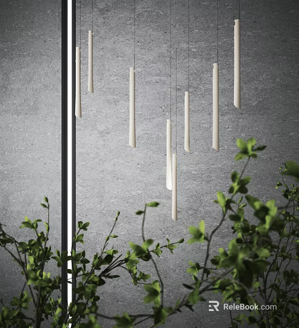 White Elongated Pendant Lights Against Gray Wall With Green Plants 3d model 