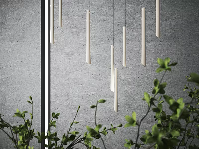 White Elongated Pendant Lights Against Gray Wall With Green Plants 3d model