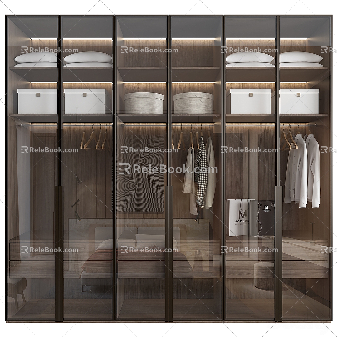 Glass sliding door solid wood wardrobe 3d model