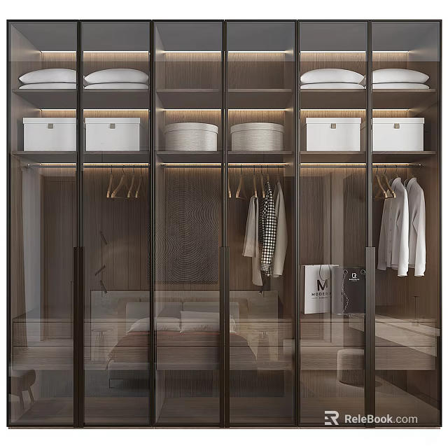 Modern Wardrobe Interior Design With Glass Doors Storage Boxes And Hanging Clothes 3d model 