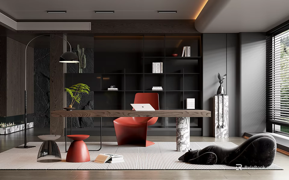 Modern Stylish Home Office Interior With Wooden Desk Red Chair Black Bookshelf And Green Plant 3d model 
