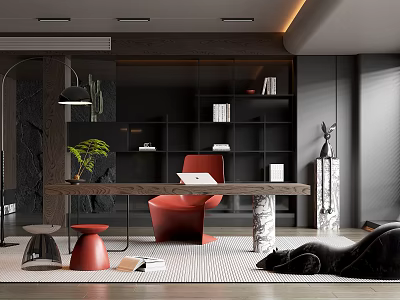 Modern Stylish Home Office Interior With Wooden Desk Red Chair Black Bookshelf And Green Plant 3d model